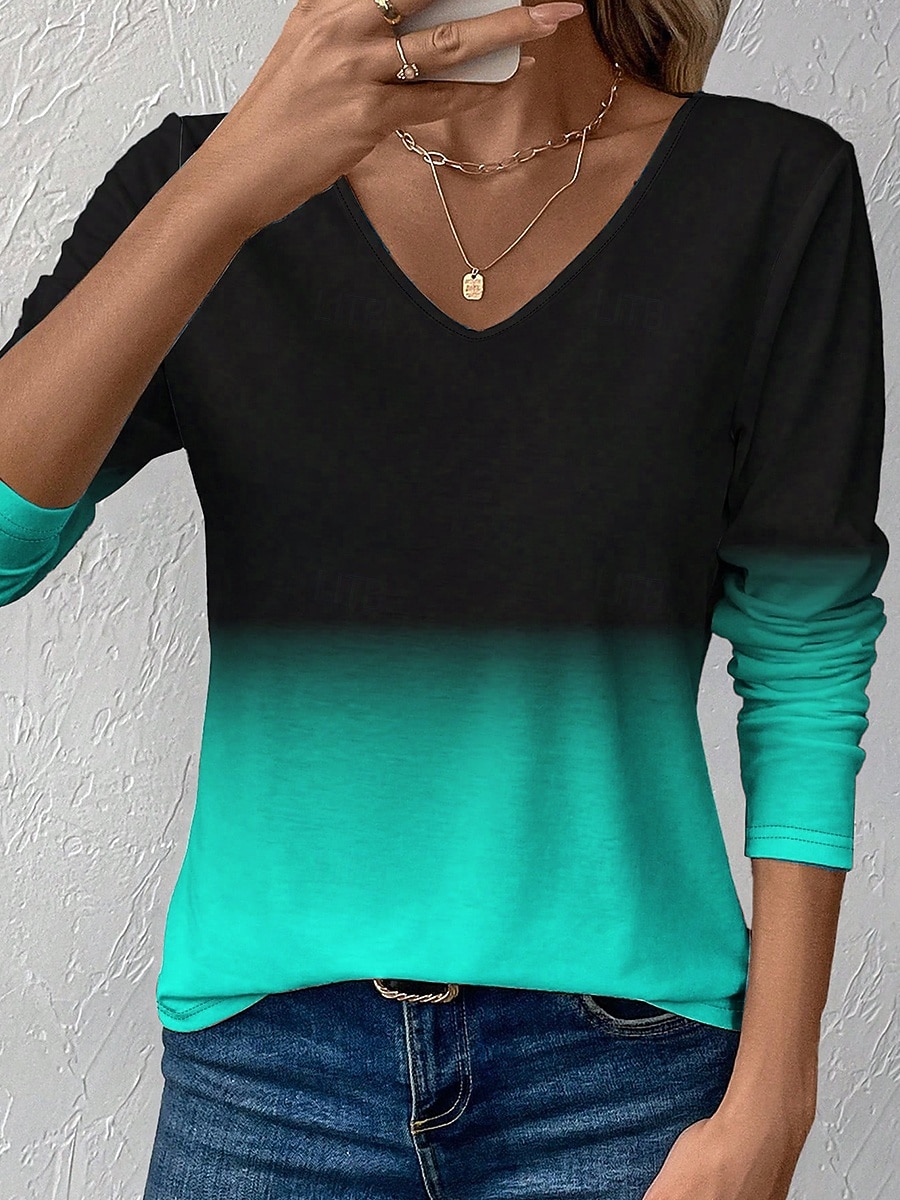Per donna Maglietta Stampato Ombre Grafico Vintage Elegante Classico Manica Lunga Scollo a V Top Regolari Quotidiano Blu Rosso Viola Arancione Verde Primavera Autunno Inverno del 2026 a $24.99 –P2