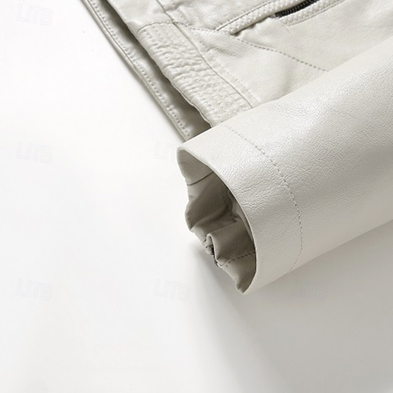 Men's Faux Leather Jacket Fleece Jacket Biker Jacket Motorcycle Jacket Vacation Daily Windproof Warm Pocket Fleece Fall Winter Plain Fashion Classic Stand Collar Regular Black White Wine Jacket 2025 - $54.99 –P10