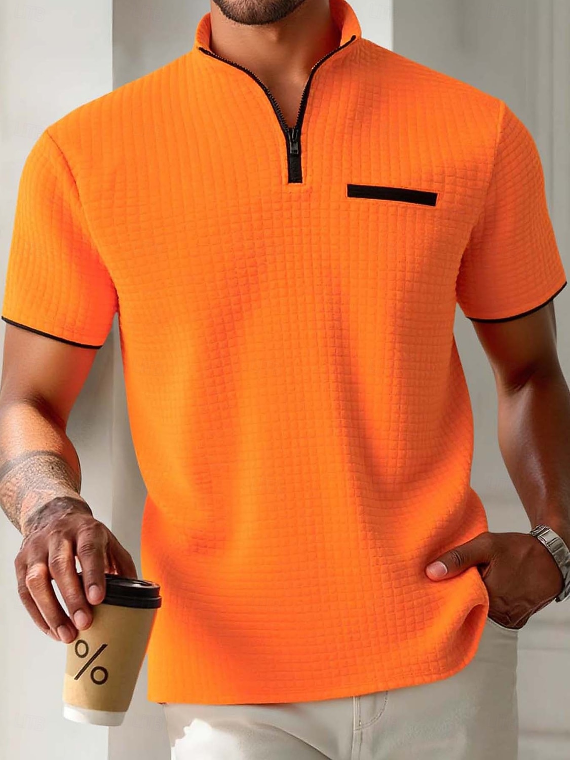 Herre Vaffel poloskjorter Zip Polo Avslappet Ferie Quarter Zip Kortermet Mote Grunnleggende عادي Quarter Zip Sommer Vår Alle årstider Slank Fasong Svart Hvit Navyblå Oransje Vaffel poloskjorter 2026 - $20.99 –P4