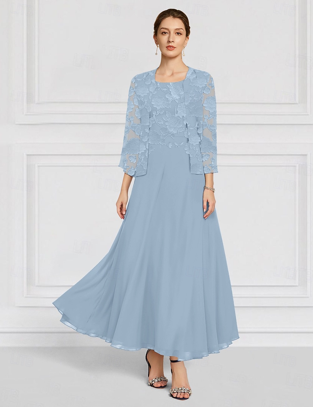 Из двух частей А-силуэт В пол Свадебное платье для гостей Платье для матери невесты Рукав 3/4 Вырез лодочкой Элегантный стиль Простой минималист Официальные Свадебный гость Шифон с Кружева 2026 - $157.99 –P3