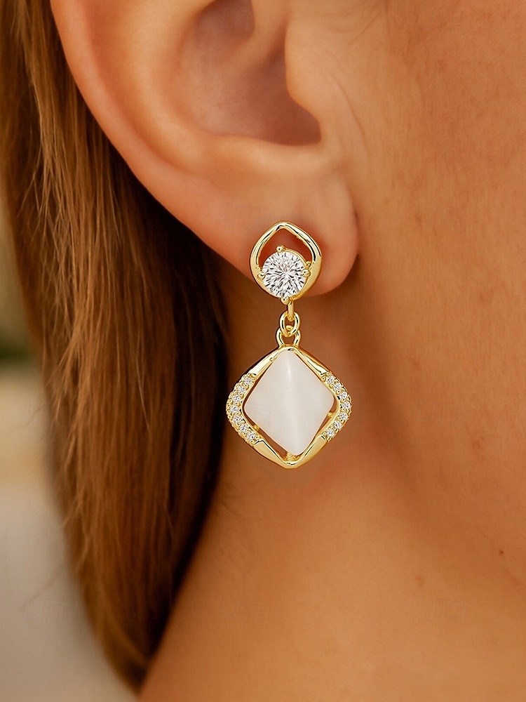 Элегантные женские позолоченные серьги-подвески с кошачьим глазом и цирконом, доступные в вариантах гвоздиков и клипс для свадеб, вечеринок и торжественных случаев 2026 - $11.99 –P1