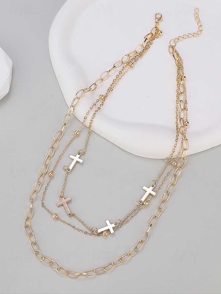 Collar de cruz navideña para mujer, cadena de oro en capas con colgante de perla y diamantes de imitación, elegante joyería navideña para fiestas, bodas y regalos. 2026 - $5.99 –P8