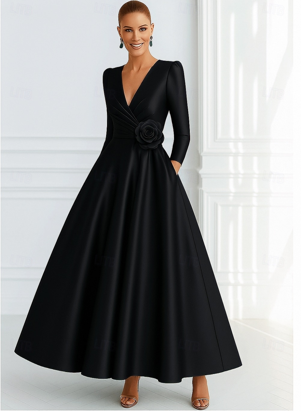 A-Linie Abendkleid Elegant Formelle Kleidung Formell Hochzeit Bodenlang Dreiviertelarm V Ausschnitt Tasche Satin mit Tasche 2025 2025 - $144.99 –P3