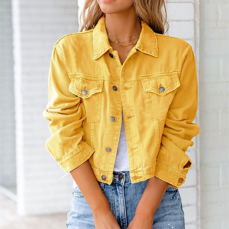 Dame Denimjakker Bekvem Lomme Knapper Elegant Mote Utendørs عادي Ut på byen Fritid / hverdag Helg Cardigan Normal Knaphul Normal Langermet Yttertøy Svart Hvit Gul Vår Høst 2025 - $27.99 –P3