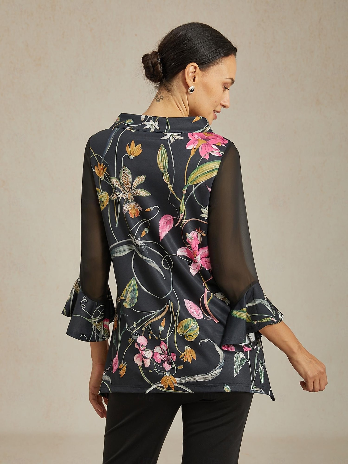 Damenbluse schwarz Blumendruck Stretch Chiffon Ärmel Bateau-Ausschnitt lässig täglich Frühling Sommer Herbst 2025 - $61.99 –P7