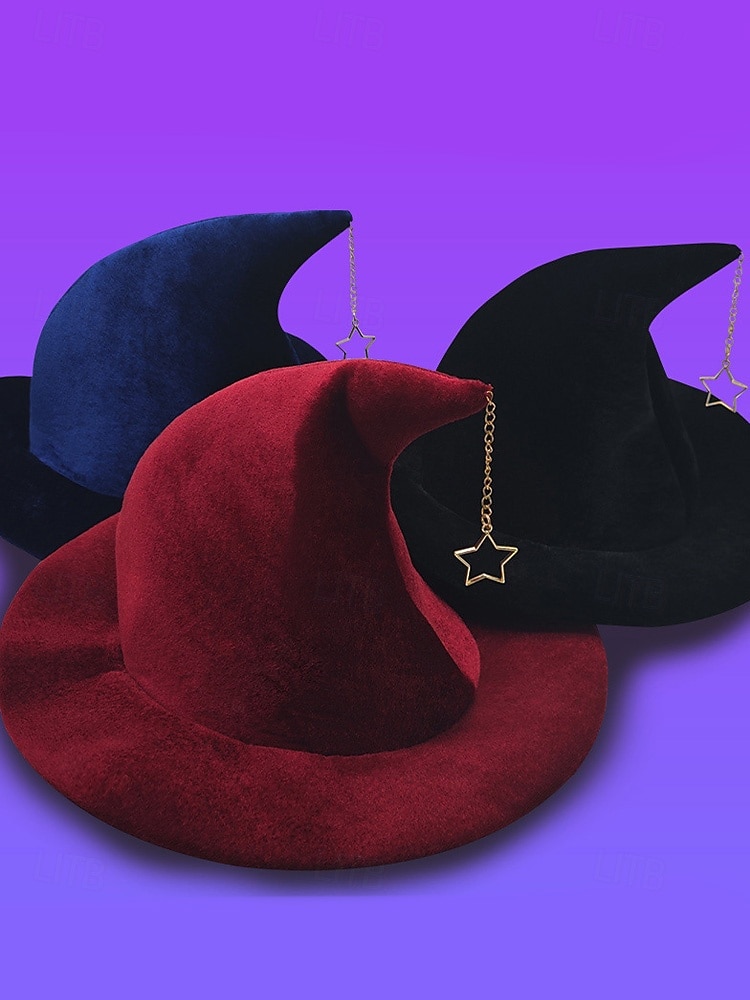 Dámský halloweenský čarodějnický klobouk – sametový špičatý čarodějnický klobouk s hvězdným přívěskem na kostýmní párty, cosplay a festival 2025 - $14.99 –P10