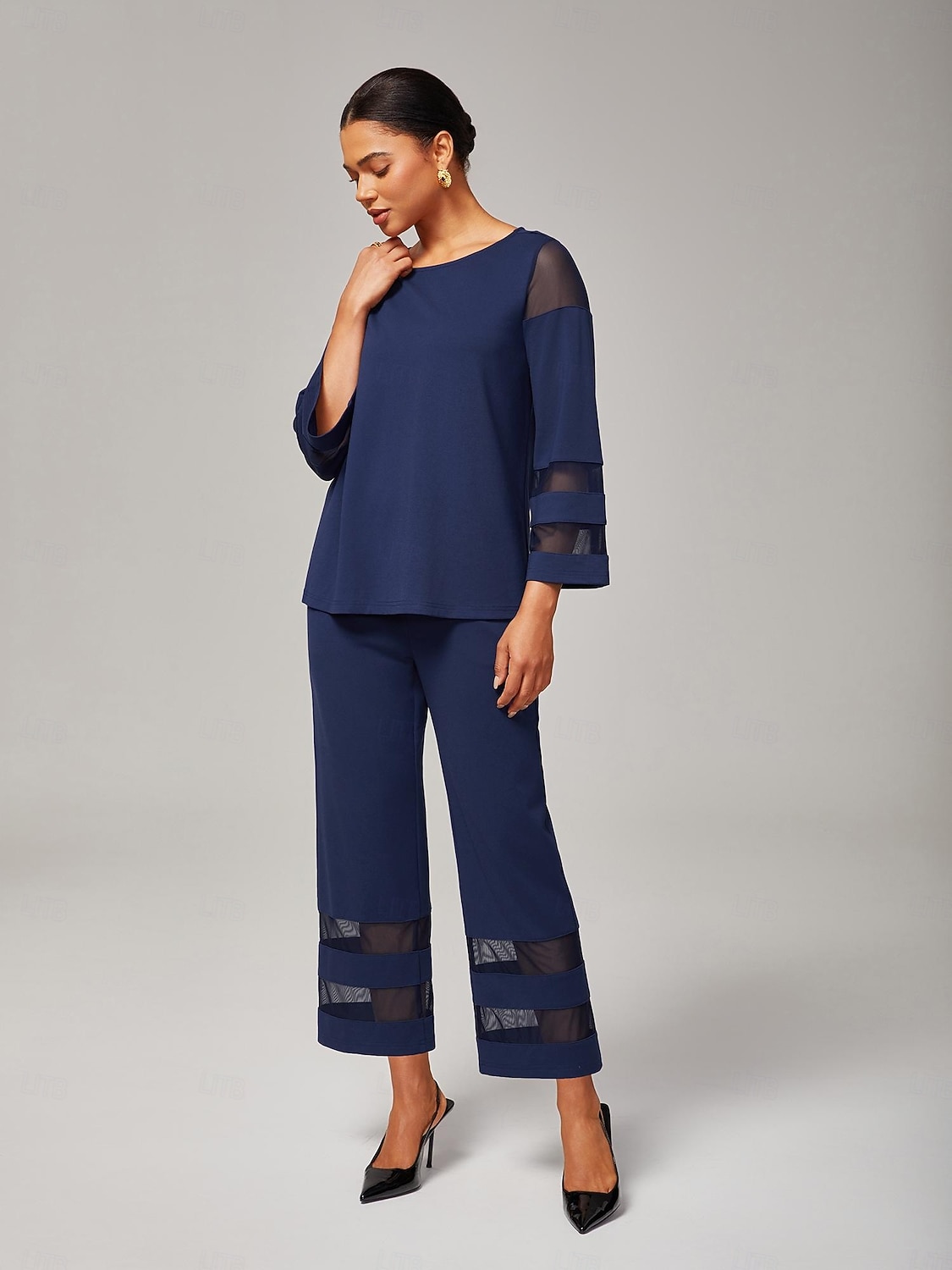 dame marineblå modal chiffon matchende sett tettsittende bluse beskårne bukser elegant stilig komfortabel daglig arbeidskveldsklær høst 2025 - $114.99 –P3