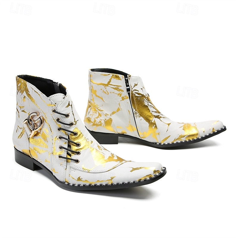 stivali western da uomo con motivo floreale bianco e design allacciato: calzature di tendenza per uomini alla moda, perfette per feste e spettacoli del 2025 a $129.99 –P7