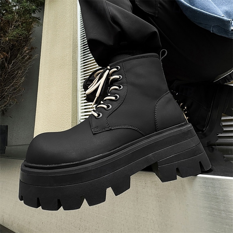 Homme Bottes Bottes de Travail Marche ancien Quotidien PU Augmentation de la hauteur Confortable Bottes Mi-Mollet À lacets Noir Automne Hiver de 2026 ? $79.99 –P10