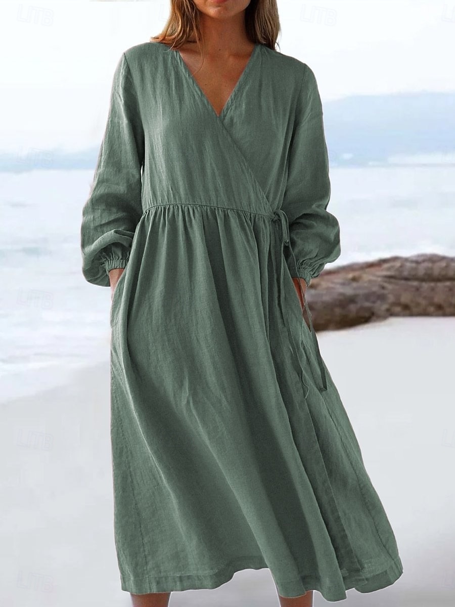 Women's Midi Dress Faux Cotton Linen A Line Dress Casual Daily Loose Fit Plain Long Sleeve V Neck Blue Black White Yellow Summer Spring Fall 2026 - $35.99 –P5