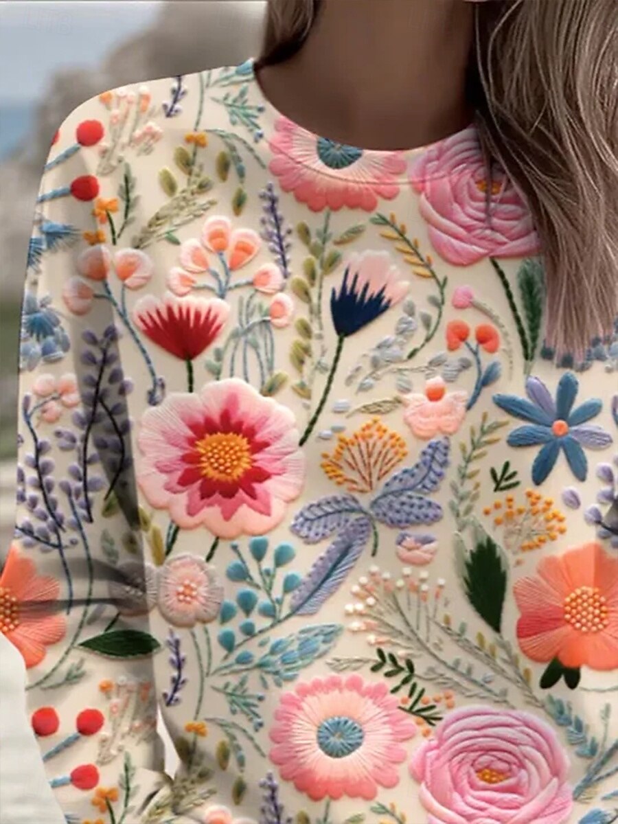 Dame Gensere Blomstret Grafisk Årgang Fritid Langermet Crew-hals Rund hals Vanlige topper Gate Hverdag Avslappet Trykt mønster Rosa Vår Høst Vinter 2025 - $26.99 –P2