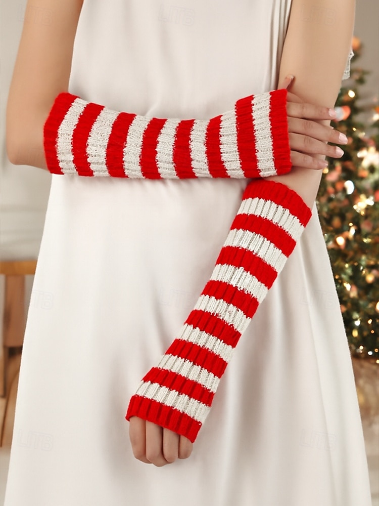 Gants sans doigts à rayures de Noël pour femmes - tricot doux, rayures rouges et blanches, parfaits pour les fêtes de fin d'année et les festivités hivernales de 2025 ? $7.99 –P2