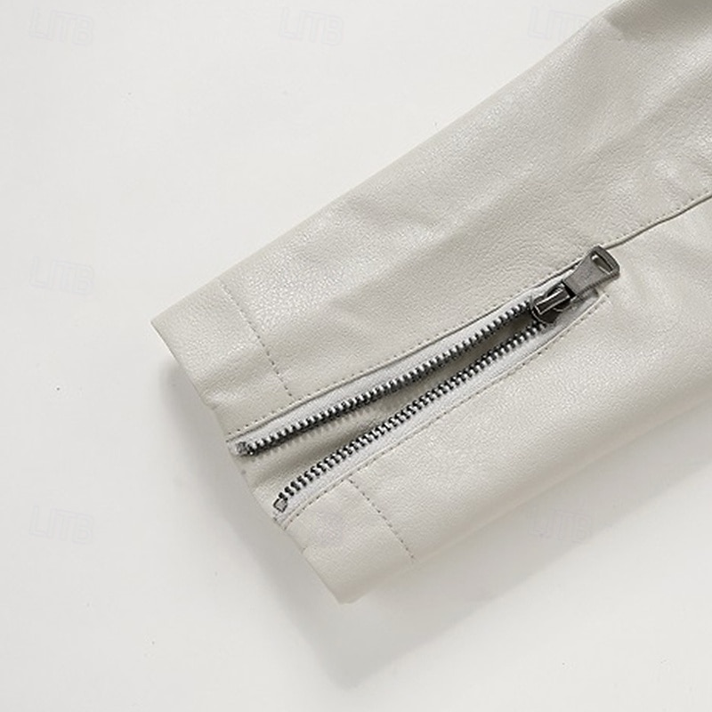 Men's Faux Leather Jacket Fleece Jacket Biker Jacket Motorcycle Jacket Vacation Daily Windproof Warm Pocket Fleece Fall Winter Plain Fashion Classic Stand Collar Regular Black White Wine Jacket 2025 - $54.99 –P11