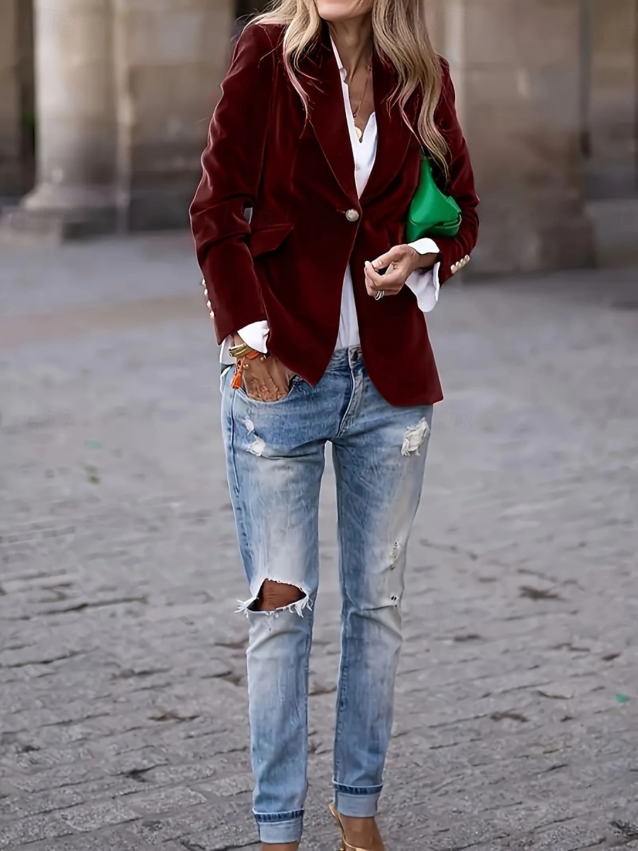 Women's Blazer Comfortable Breathable Pocket Casual Plain Office Street Casual Daily Wear Single Breasted Regular Turndown Regular Fit Long Sleeve Outerwear Navy Black Wine Spring Fall 2026 - $39.99 –P9