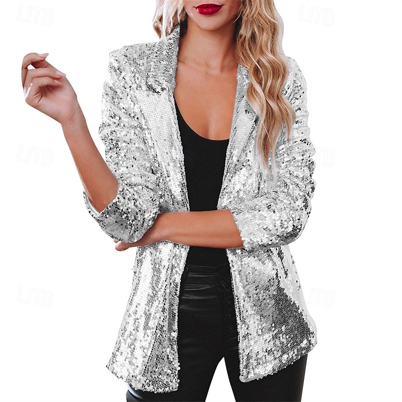 Pentru femei Jachetă cămașă Blazer Comfortabil Respirabil Sequin Modă Zilnic Simplu În aer liber Casual Zilnic Regulat Rever Fit regulat Manșon Lung Îmbrăcăminte exterioară Argintiu Negru Roșu Vin 2025 - $28.99 –P6