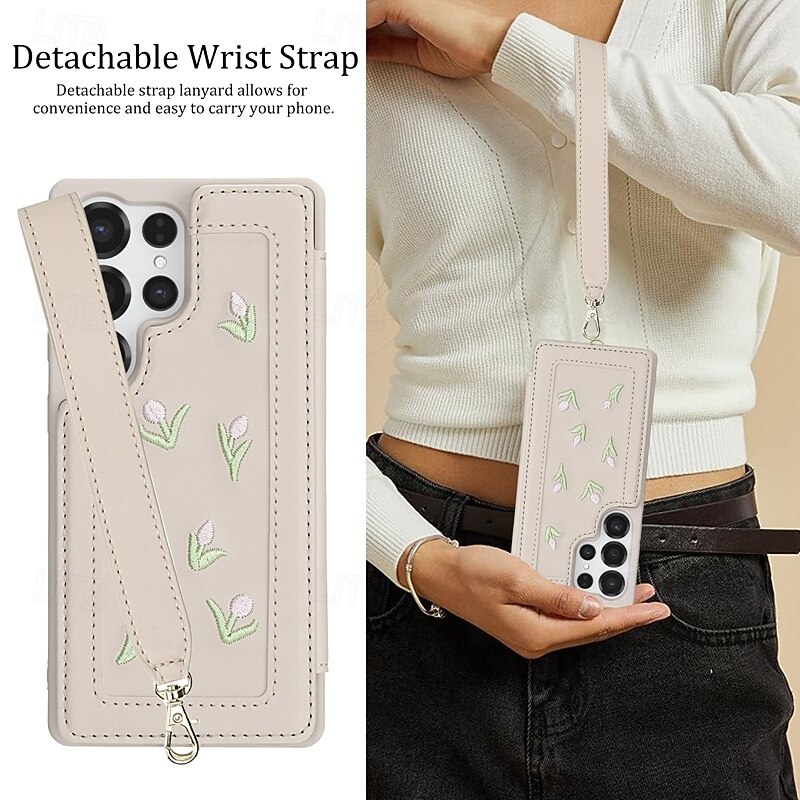 telefoon hoesje Voor Samsung Galaxy S25 S24 S23 Ultra Plus A56 A36 A16 A55 5G A35 5G A15 A14 Achterkant met draagkoord Standaard Kaartsleuf Retro Bloem Bloemen TPU PU-nahka 2025 - $16.99 –P3