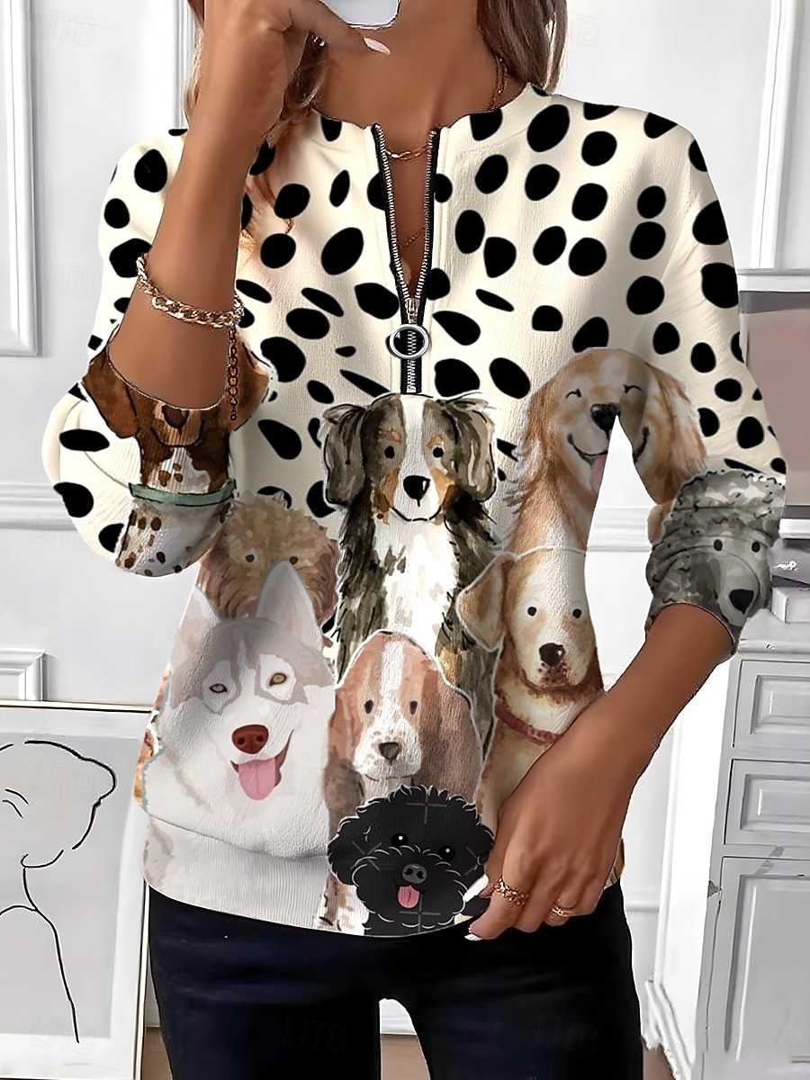 Women's Pullover Sweatshirt Zip Up Sweatshirts Zipper Print Graphic Animal Fashion Casual Long Sleeve Crew Neck Regular Tops Casual Street Dailywear White Beige Fall Winter 2026 - $27.99 –P2
