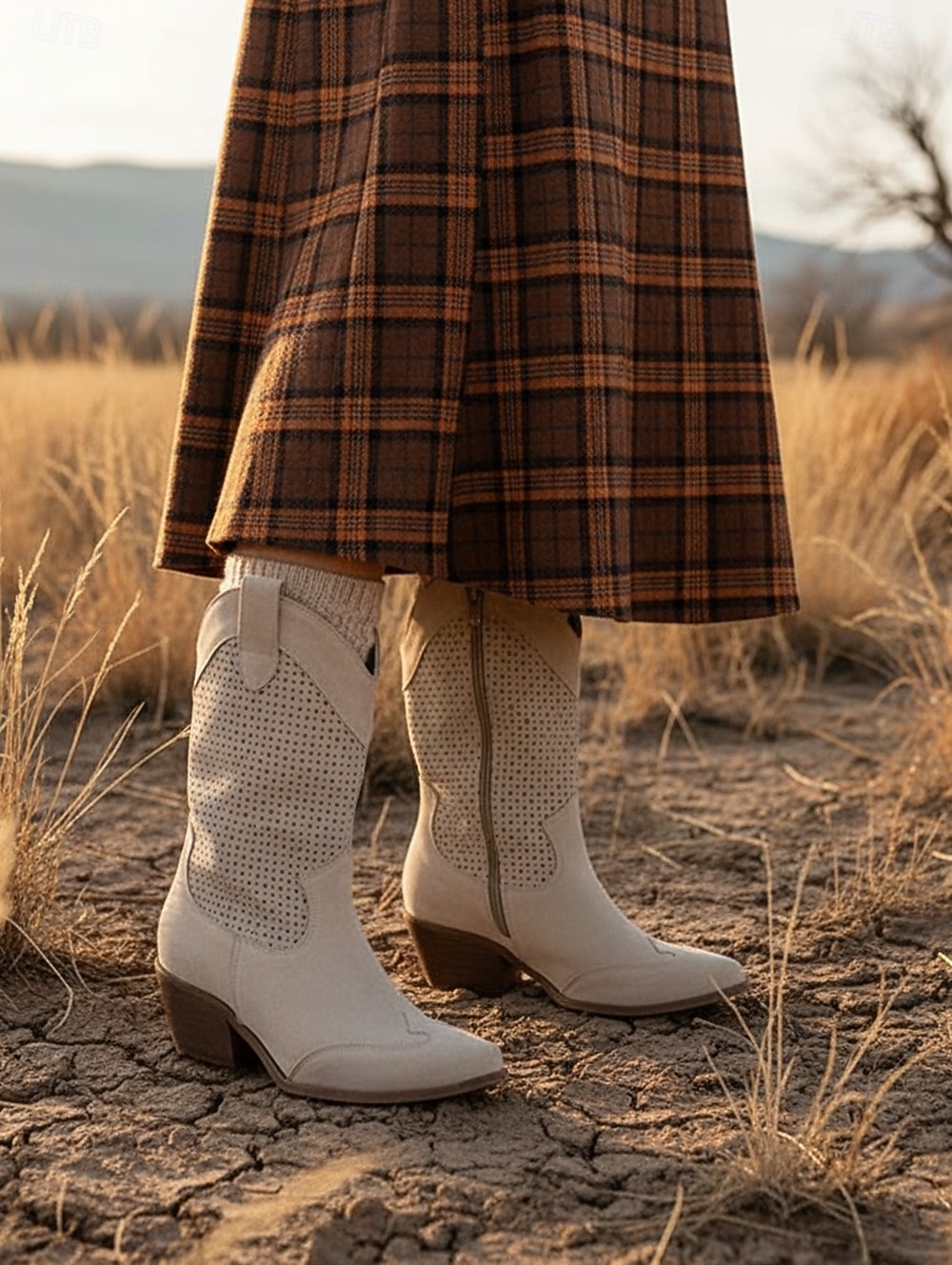 damskie perforowane zamszowe kowbojskie buty westernowe - jasnobrązowe, do połowy łydki, oddychające, letnie 2025 - $59.99 –P4