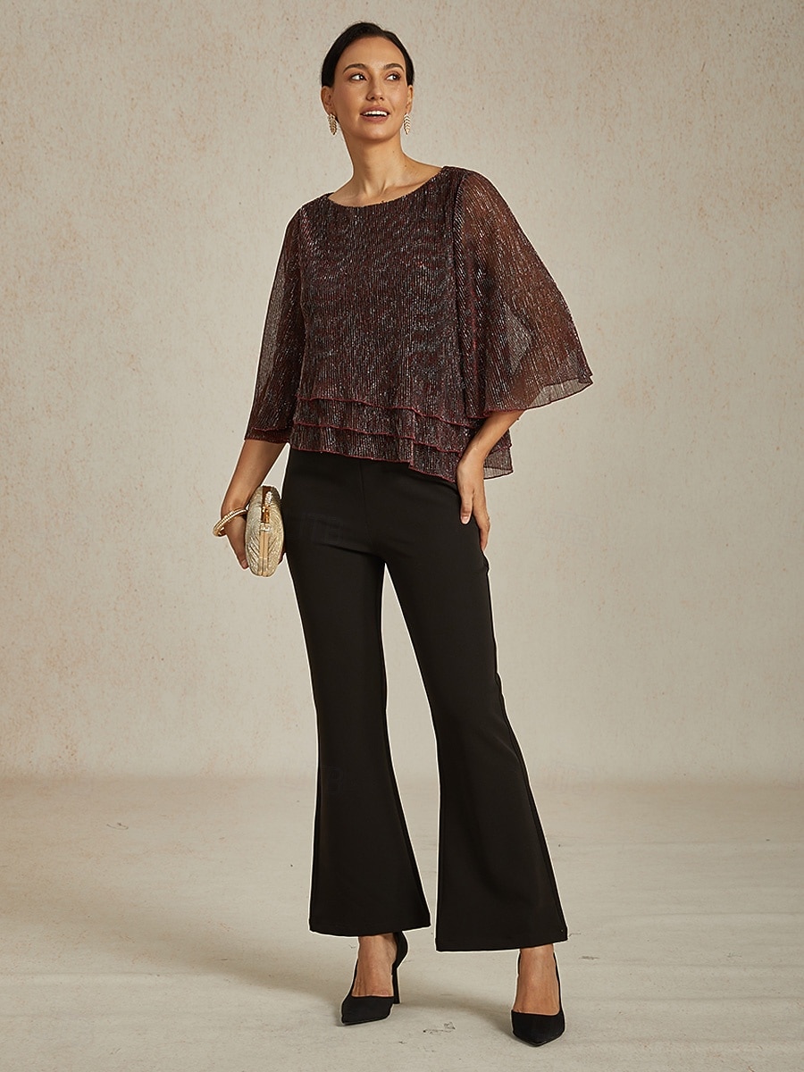 Women's Blouse Dressy Tops Flowy Tops Chiffon Tops Elegant Vintage Stylish 3/4 Length Sleeve Crew Neck Boat Neck Work Daily Date Night Outfits Sequins Pleated Patchwork Wine Spring Fall 2025 - $69.99 –P8