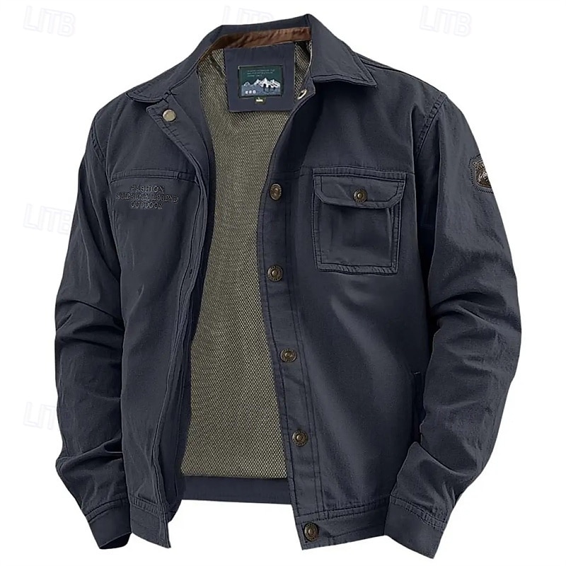 Муж. Легкая куртка Куртка-карго Повседневная куртка Отпуск Повседневные Пригодно для носки Карман Весна Осень Полотняное плетение Мода Классика Лацкан Обычная Темно синий Цвет хаки Военно-зеленный 2025 - $44.99 –P11