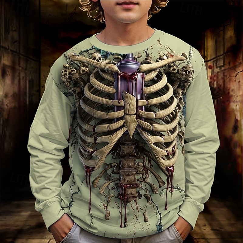 Halloween Pojkar 3D Dödskalle T-shirt Långärmad Vår Höst Mode Grundläggande Barn 4-12 år Rund hals Utomhus Ledigt Dagligen Normal 2025 - $13.99 –P1