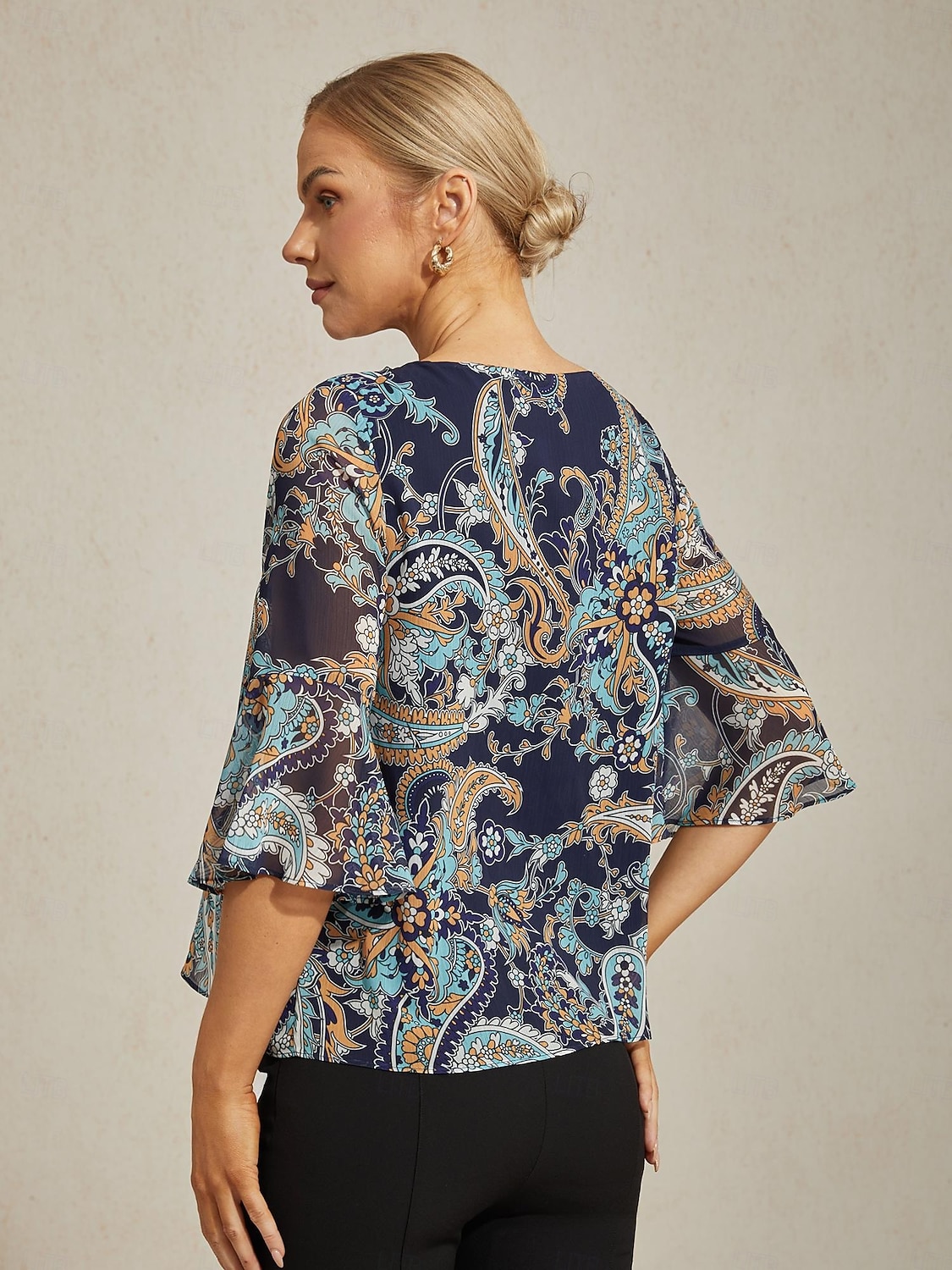 Dame Paisly Avslappet Blå Paisley 3/4 Erme Elegant Fritid hverdag Crew-hals Rund Sommer Vår Høst 2026 - $67.99 –P4