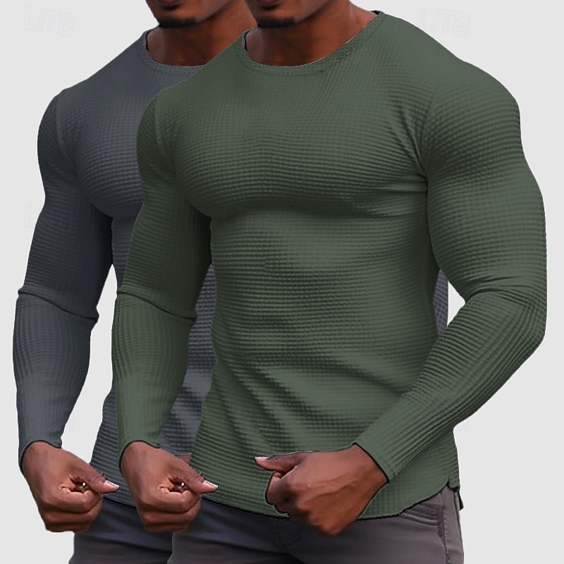 Men's Waffle Shirt T Shirt Tee Top Long Sleeve Shirt Long Sleeve Crew Neck Spring &  Fall All Seasons Plain Fashion Designer Basic 2 Piece Knitted Multi-pack Casual Vacation Street White+Black Top 2026 - $39.99 –P11