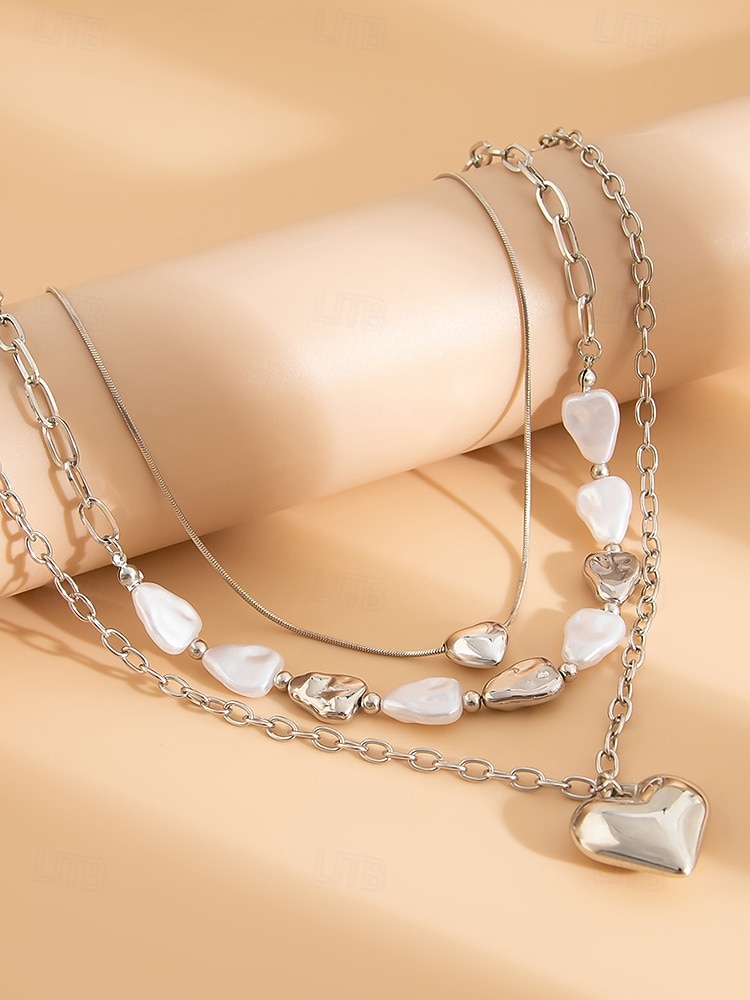Damen-Mehrfachkette mit Herzanhänger – goldenes Kettenhalsband mit Perlenakzenten, Modeschmuck für Partys, Verabredungen und den Alltag 2025 - $9.99 –P6