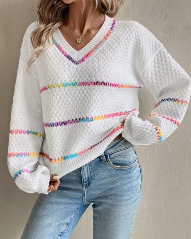 Dámské Svetr Rolák Denní stylové Na běžné nošení Proužky Rýhovaný Do V Pletený Dlouhý rukáv Běžné topy Plést Denní Dovolená Jdeme ven Černá Bílá Podzim Zima 2026 - $36.99 –P3