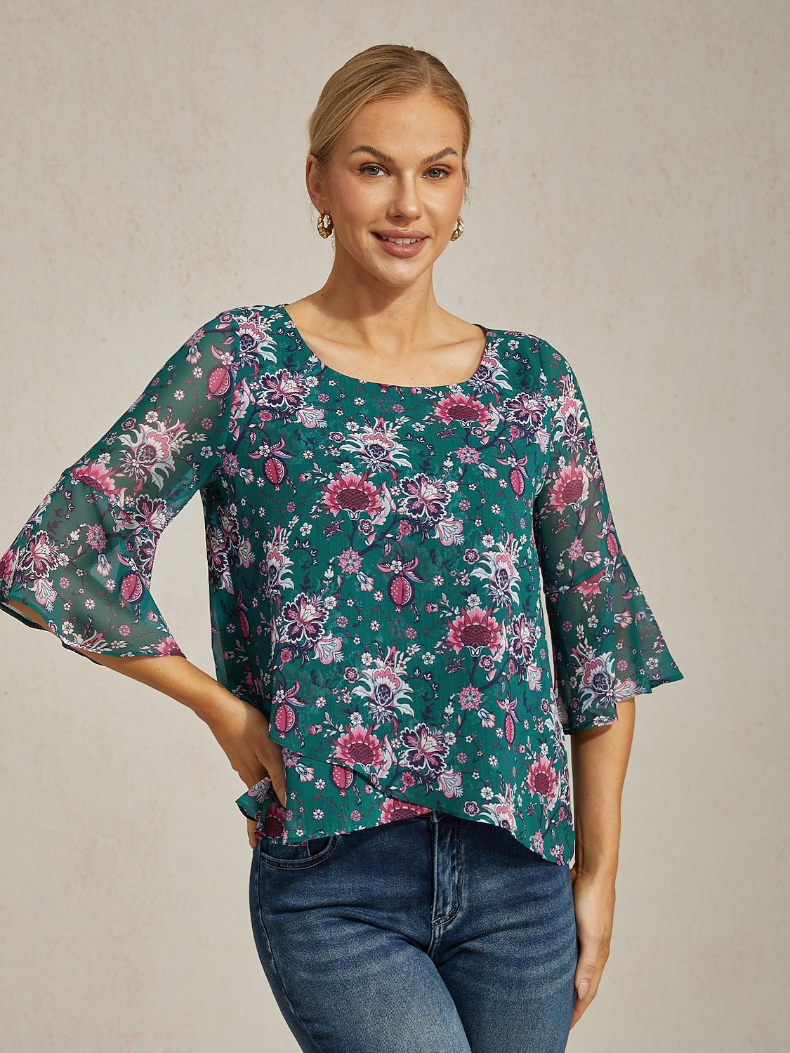 Femminile Floreale Casuale Verde Stampa Manica 3/4 Elegante Il giro Estate Primavera Autunno del 2025 a $61.99 –P2