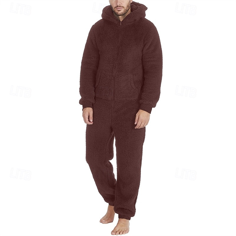 Men's Loungewear Bodysuits Sleepwear 1 PC Plain Warm Fashion Stylish Home Daily Bed Sherpa Polar Fleece Thermal Warm Comfort Soft Hoodie Long Sleeve Pocket Fall Winter Light Pink Black 2026 - $46.99 –P3
