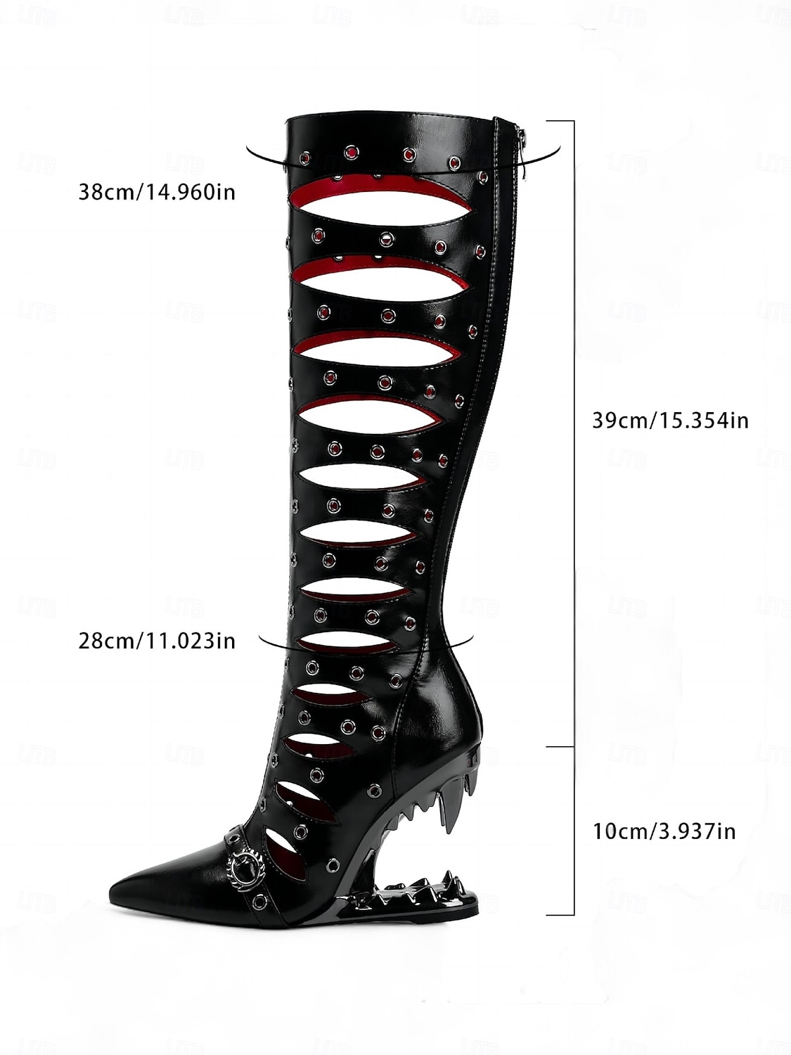 Women's Gothic Cutout Knee-High Heels with Spiked Sculptural Wedge - Black Punk Fetish Boots for Halloween, Cosplay and Alternative Fashion Parties 2026 - $129.99 –P3