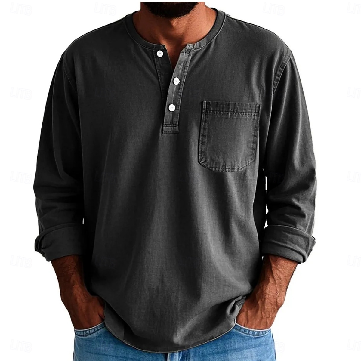 2026年 男性用 ヘンリーシャツ Tシャツ コットン100% アシッドウォッシュシャツ ヘンリートップ 長袖 純色 平織り ヴィンテージ ファッション レトロ風 色褪せた ボタン ヘンリー カジュアル 日常 アウトドア 夏 春 オールシーズン ブルー ダークレッド ブラック ヘンリーTシャツ  コレクション – $31.99 –P3