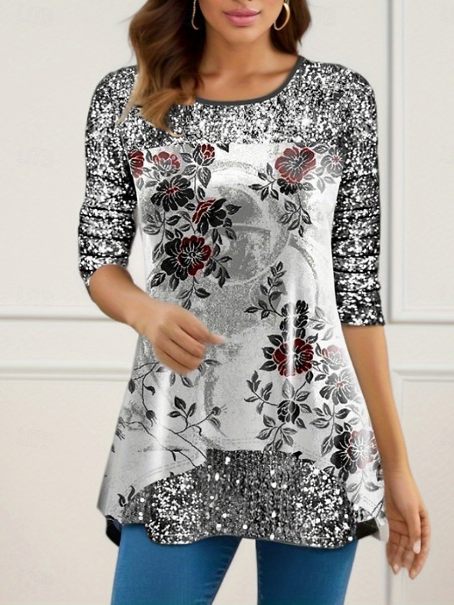 Noël Femmes Chemisier Fleuri Élégant Occasionnel manche longue Col ras du cou Hauts Réguliers Quotidien Paillettes Patchwork Imprimé Argent Vin Violet Fuchsia Dorée Printemps Automne Hiver de 2025 ? $22.99 –P2