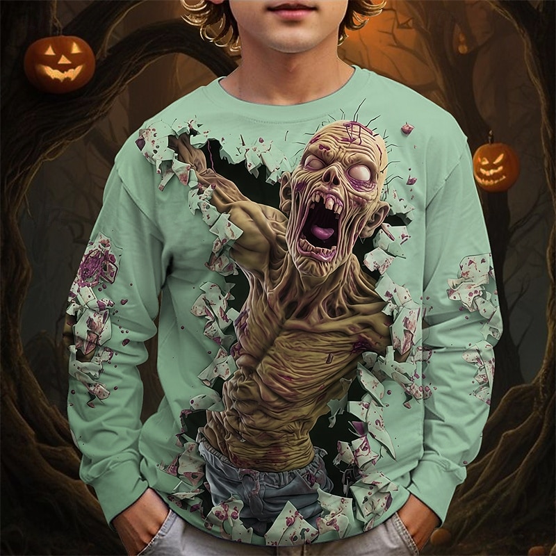 Halloween pojkars t-shirt med 3D-dödskalle långärmad vår höst mode grundläggande barn 4-12 år rund hals utomhus casual daglig normal passform 2025 - $13.99 –P2