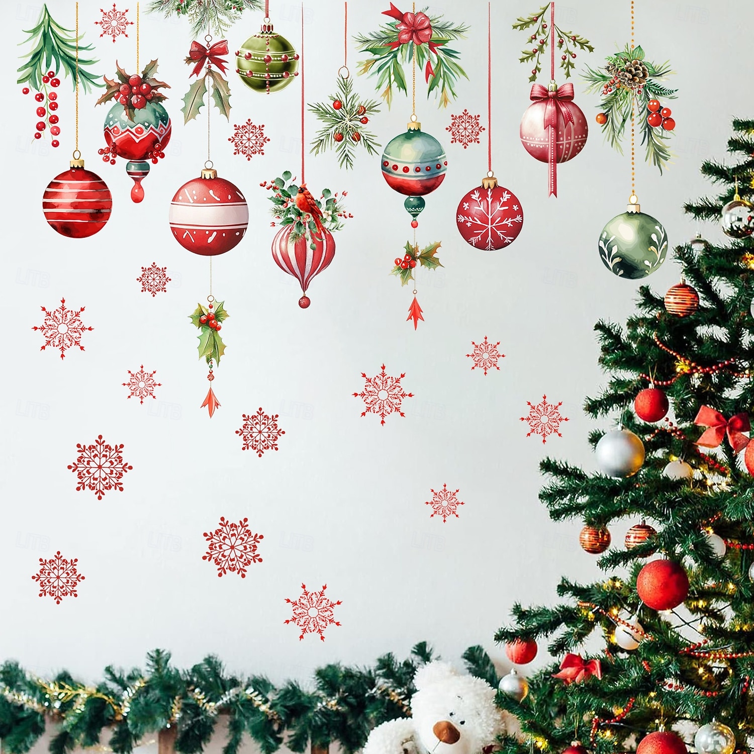Christmas Sticker Wall Decals Snowflake Colorful Ball Pinecone Hanging Ornament Removable Vinyl Mural Holiday Party Living Room Glass Window Door Background Decoration For Home 2025 - $11.99 –P1