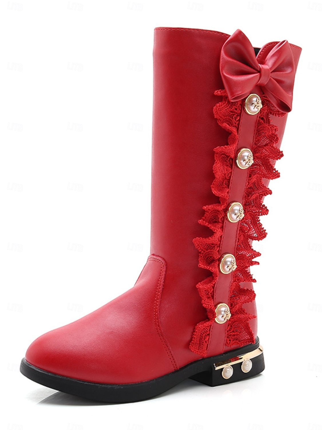 Rode kniehoge laarzen voor meisjes met strik en kantversiering - elegante schoenen met parelknoop voor kerstfeestjes voor kinderen, vakantie-outfits 2025 - $32.99 –P2