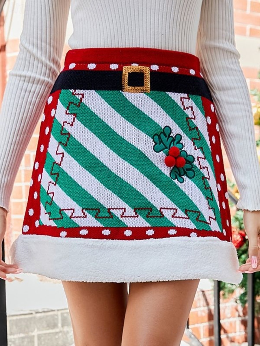 Damen Rock A-Linie Mode Lässig Mini Hohe Taille Röcke Grafik Stricken Mikroelastisch Weihnachten Straße Rote Frühling Gestrickt Polyester 2025 - $30.99 –P1
