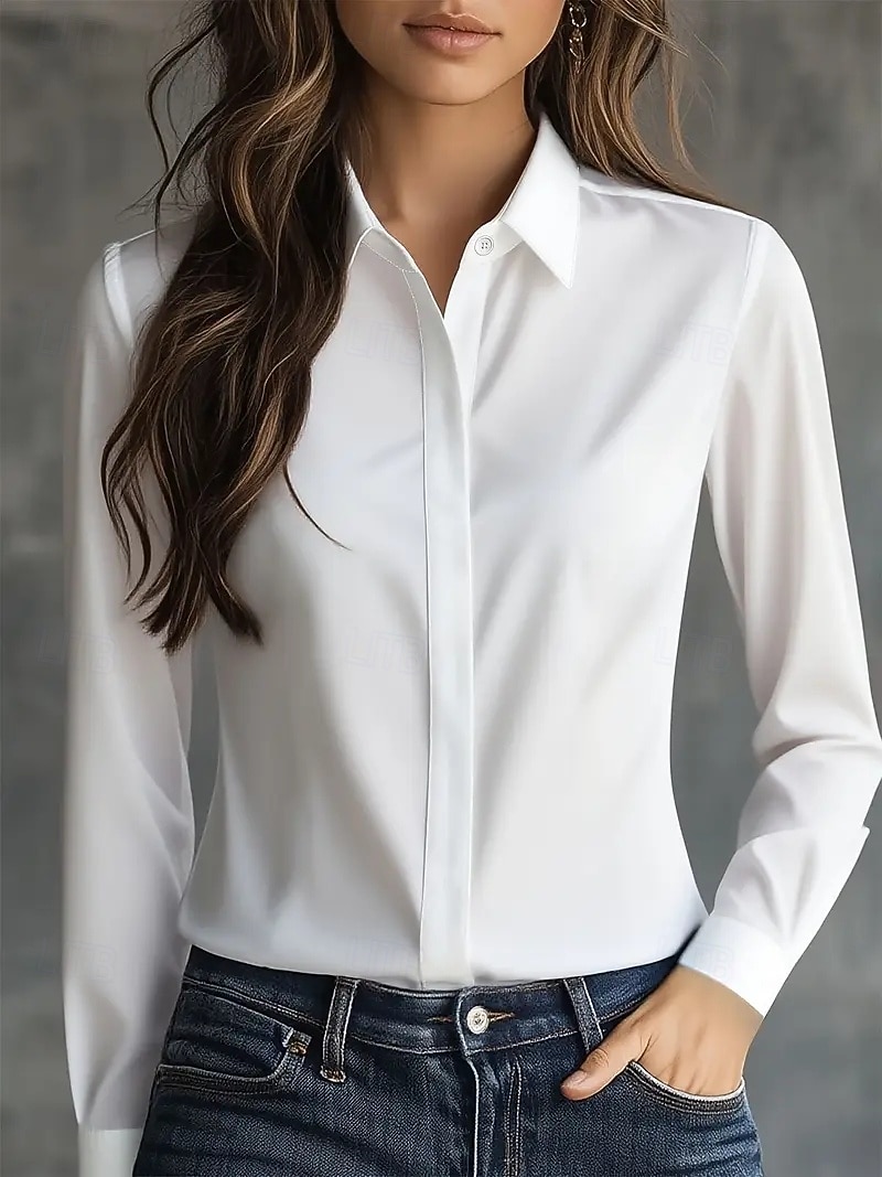 Mujer Elegant Elegante Top de satén Blusa Plano Elegante Diario Manga Larga Escote en Pico Tops regulares Negro Blanco Gris Otoño 2026 - $25.99 –P1