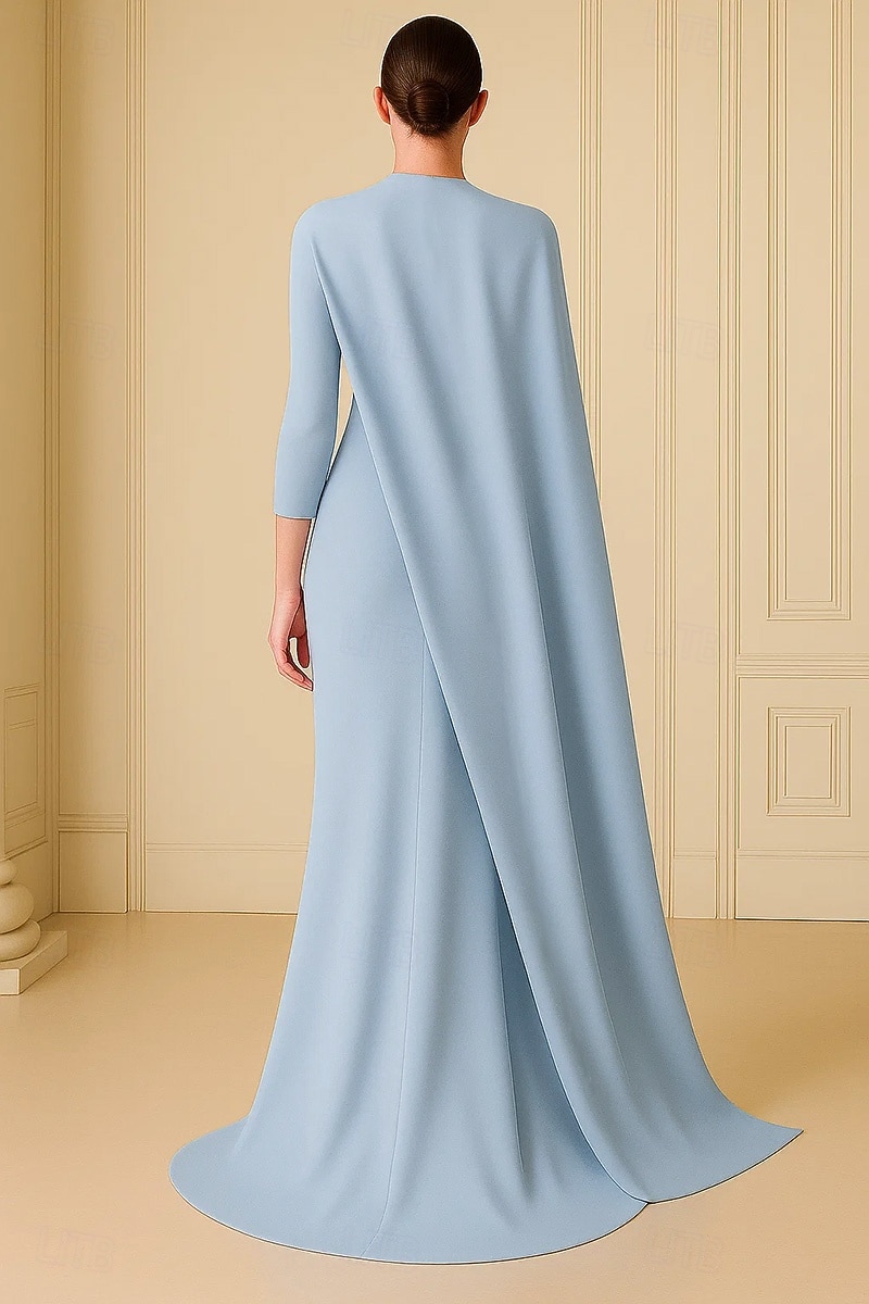 Robe de soirée fourreau/colonne, cape amovible, élégante, robe de soirée, traîne de mariage, manches 3/4, col haut, crêpe extensible avec fronces, 2025 de 2025 ? $139.99 –P2