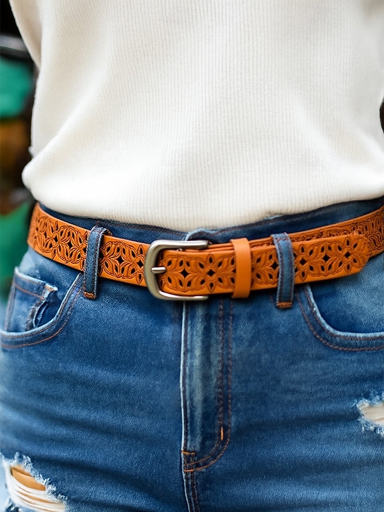 Ceinture en cuir véritable pour femme – motif floral vintage sculpté avec boucle en métal, accessoire de taille rétro pour jeans, robes et tenues décontractées de 2025 ? $14.99 –P1