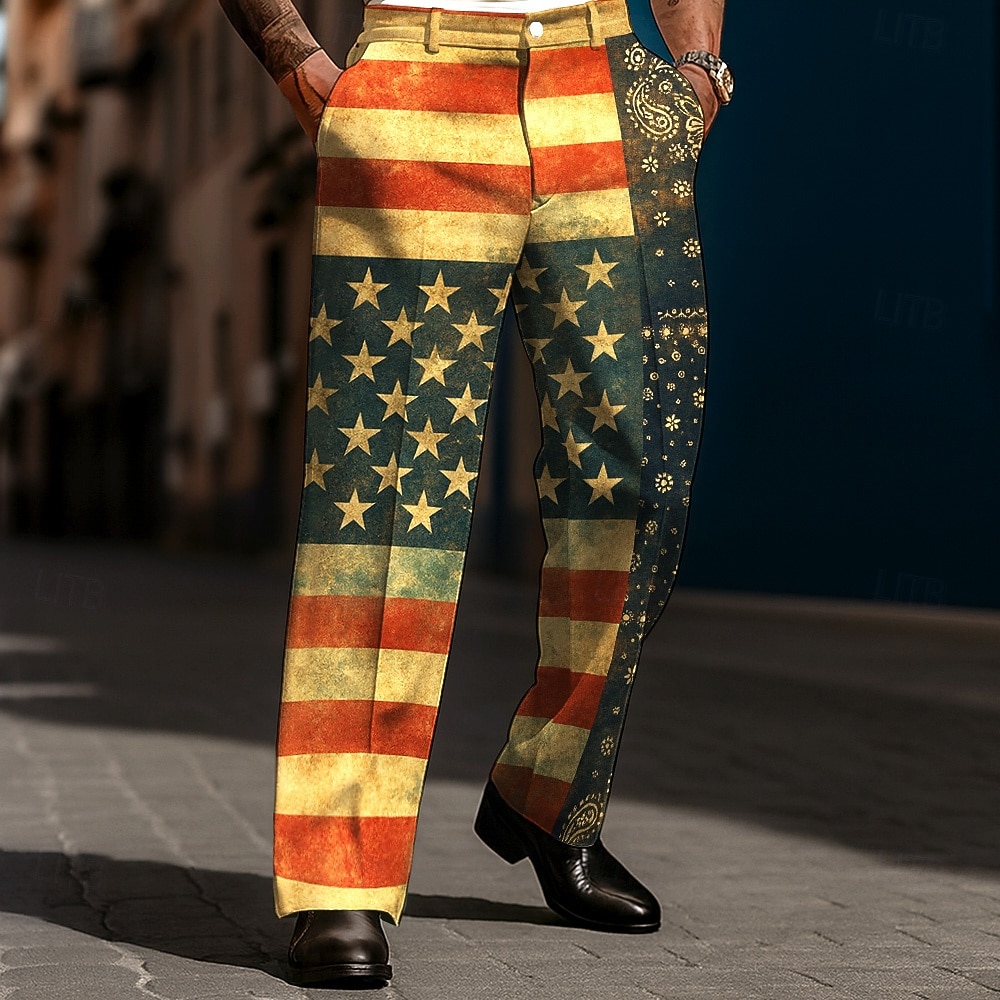 Herren Amerikanische US-Flagge Patriotisch Hose Anzughose Mittlere Taille Vintage-Retro Alltagskleidung Ferien Streetwear Relaxed Fit Anzughose mit flacher Vorderseite und Seitentaschen Frühling 2026 - $31.99 –P1