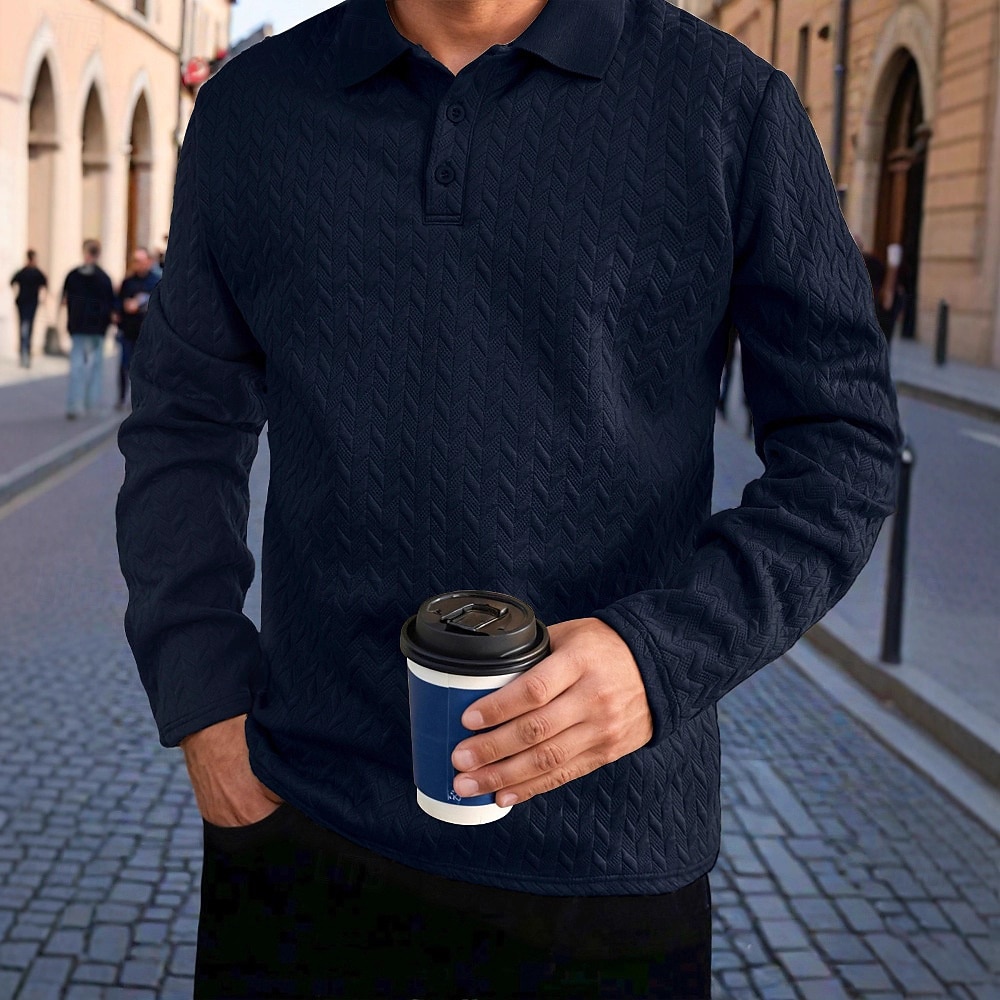 Herren Poloshirts Golf Poloshirts Geschäft Lässig Revers Klassisch Langarm Mode Basic Einfarbig Texture Jacquard Herbst Winter Ganzjahres Lässiger Schnitt Schwarz Weiß Grau Marineblau Khaki Armeegrün 2025 - $21.99 –P6