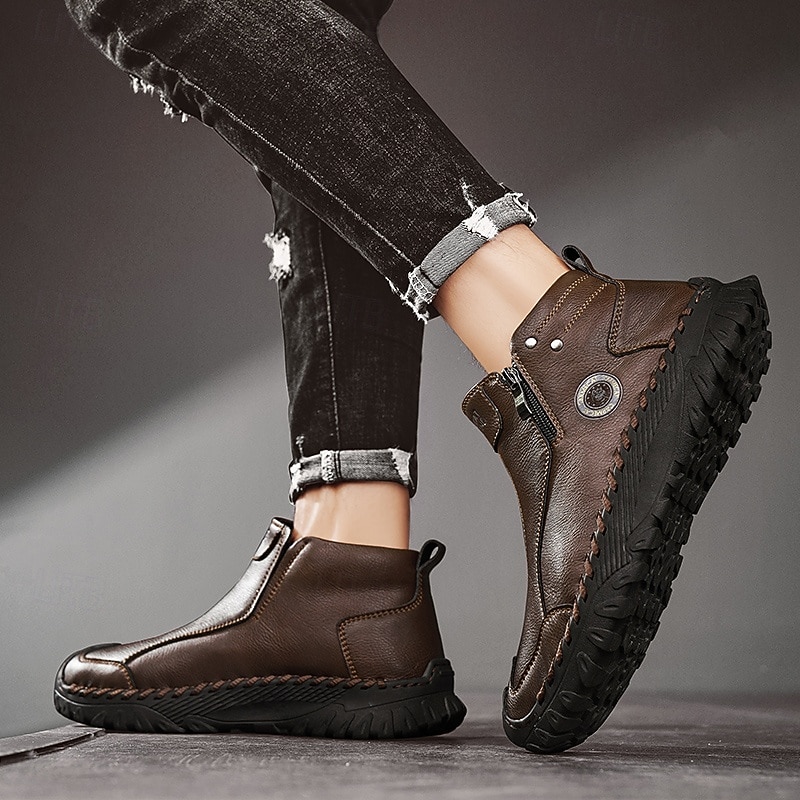 Homme Bottes Rétro Marche ancien Quotidien PU Confortable Bottes Mi-Mollet Mocassin Brun foncé Noir Gris Printemps Automne de 2025 ? $59.99 –P5