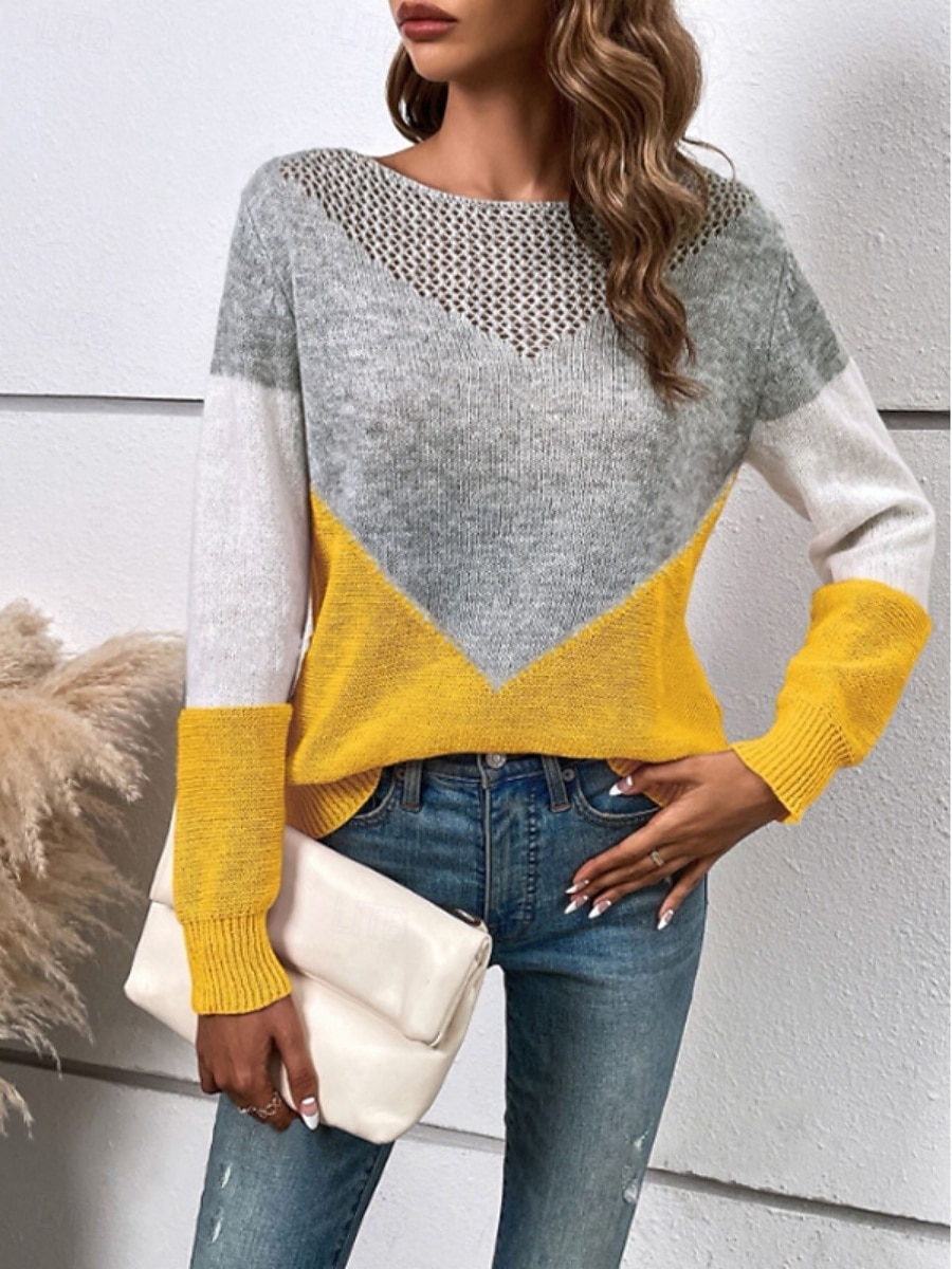 Dámské Svetr Na běžné nošení Měkké Geometrický Rýhovaný Tričkový Slátanina Pletený Dlouhý rukáv Běžné topy Plést Venkovní Denní Víkend Černá Žlutá Podzim Zima 2025 - €28.34 –P9