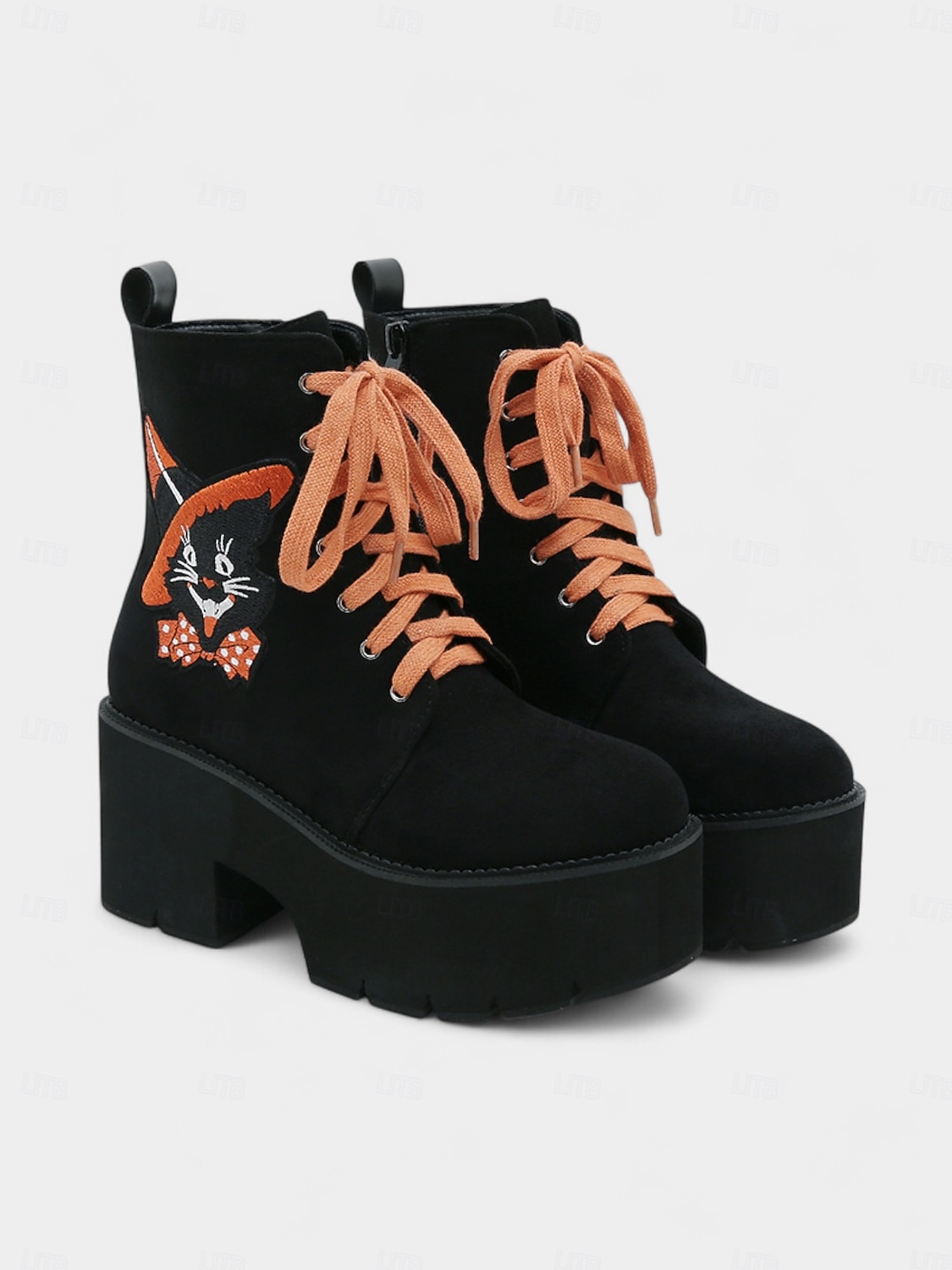 női halloweeni platform fűzős csizma macskahímzéssel – vastag sarkú fekete velúr bokacsizma őszi fesztiválokra, utcai viseletre és jelmezbálokra 2025 - $69.99 –P1