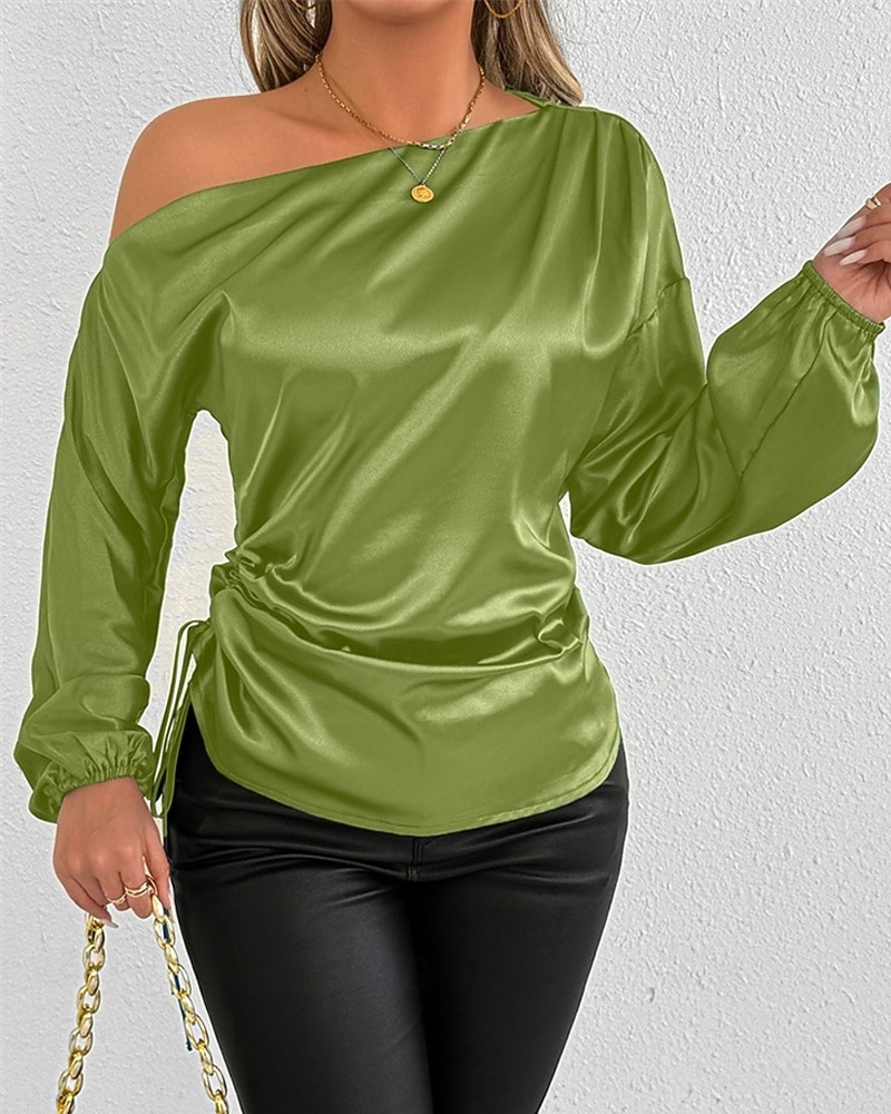 Mulheres Camisa Social Elegant Elegante Top de cetim Assimétrico Tecido à moda Casual Manga Longa ombro frio Tops regulares Diário Para Noite Preto Verde Primavera Outono de 2026 por $28.99 –P10