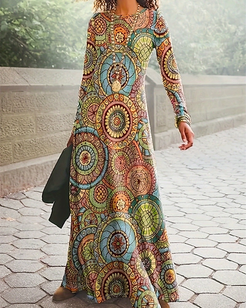 Damskie Długa sukienka sukienka maxi Sukienka Boho Elegancja Zabytkowe Moda Na zewnątrz Impreza Codzienny Regularny Ombre Graficzny Motyl Długi rękaw Półgolf Jasnożółty Czarno szary Czarny Żółty 2025 - $24.99 –P3