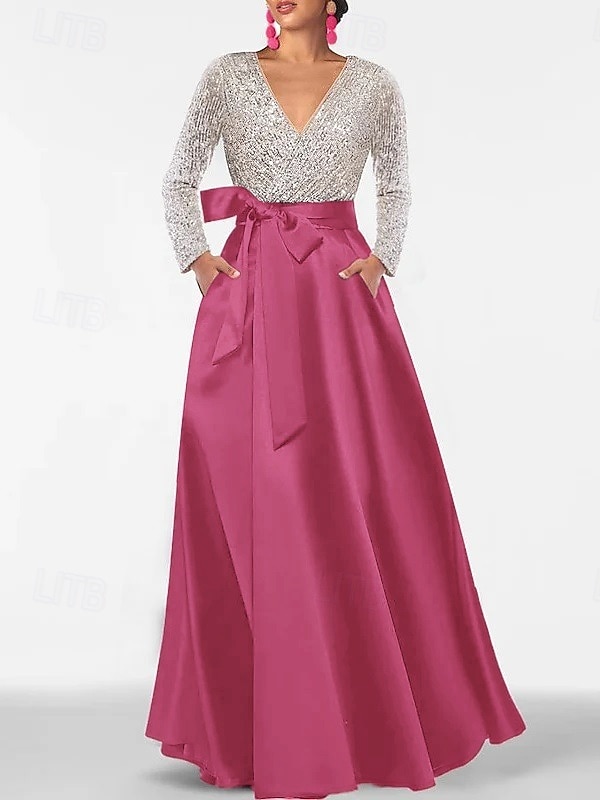 Ligne A Longueur au sol Robe d'invité de mariage Robe de Cérémonie Robe Évasée Robe de Mère de Mariée  manche longue Col en V Élégant Mariage Formel robe demoiselle d honneur Satin avec Paillettes de 2026 ? $172.99 –P10