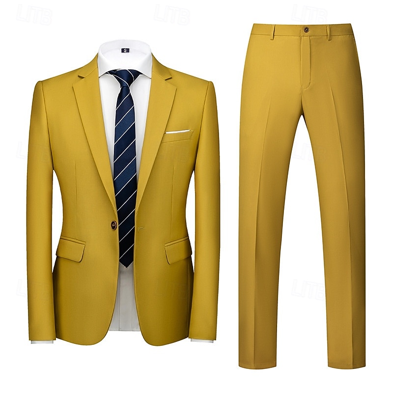 Homens Blazer Fato O negócio Coquetel Festa de Casamento 2 Peças Moda Casual Primavera Outono Poliéster Tecido Bolsos Botões Confortável Não Trespassado Jaqueta esporte Amarelo Escuro Cinzento Escuro de 2026 por $112.99 –P11